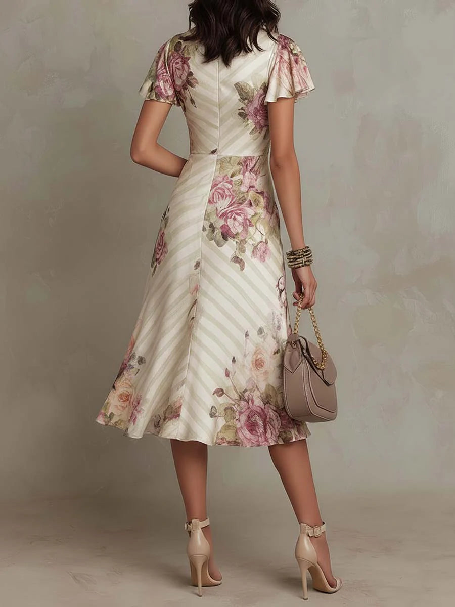 Alba | Vestido midi elegante de crepé de seda 100% con estampado floral