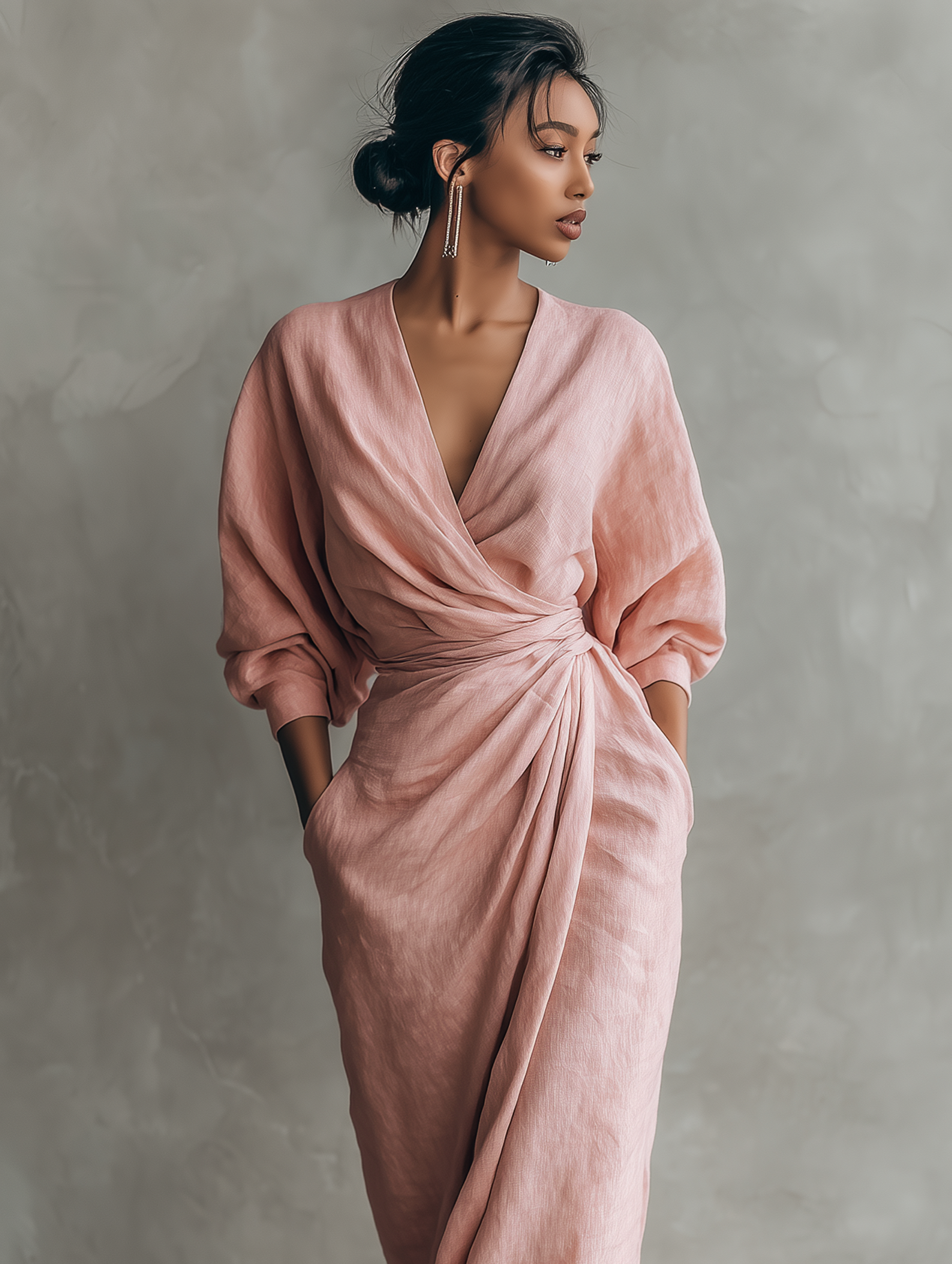 Vestido Maxi Minimalista Rosa con escote en V de lino mezclado para Mujer