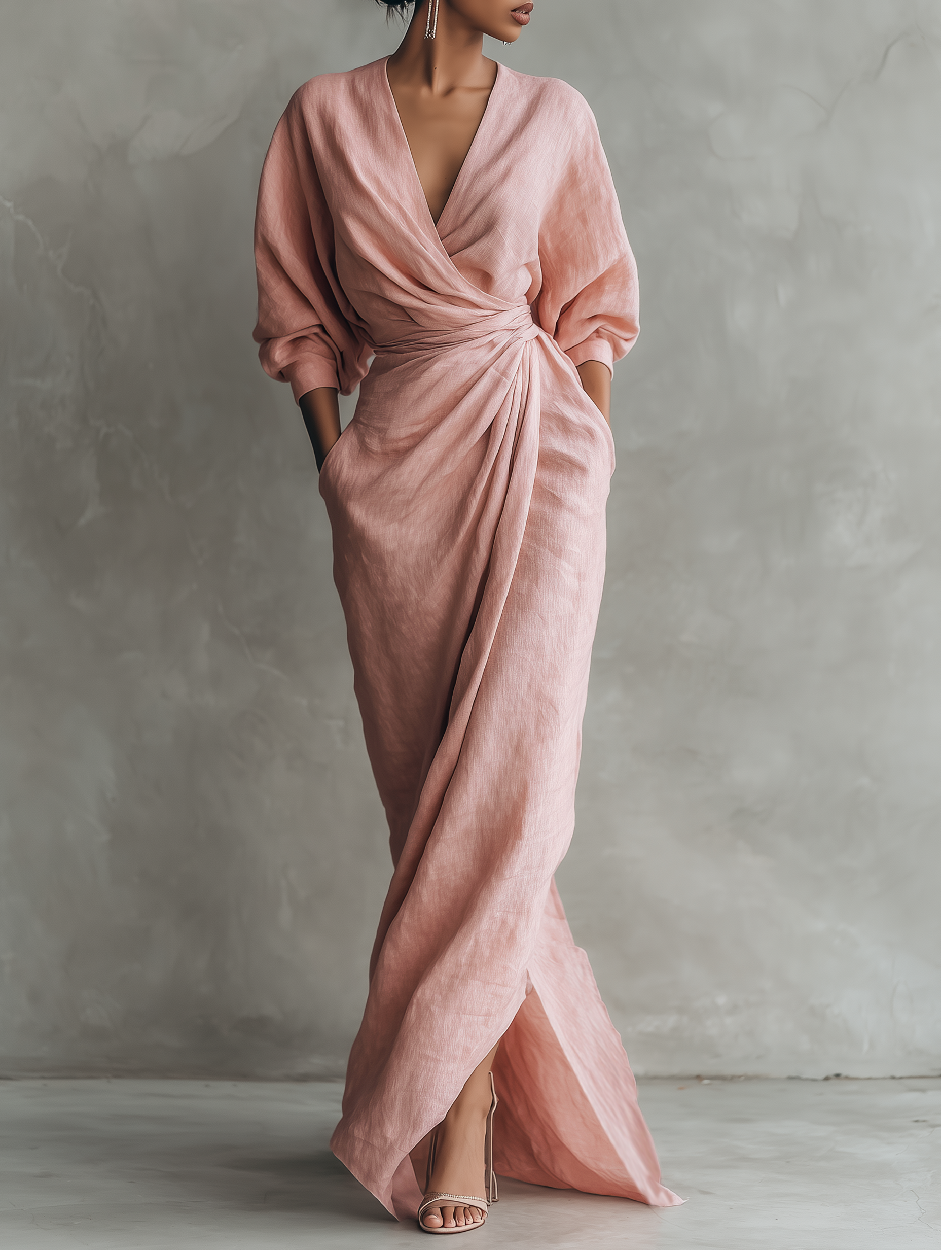 Vestido Maxi Minimalista Rosa con escote en V de lino mezclado para Mujer