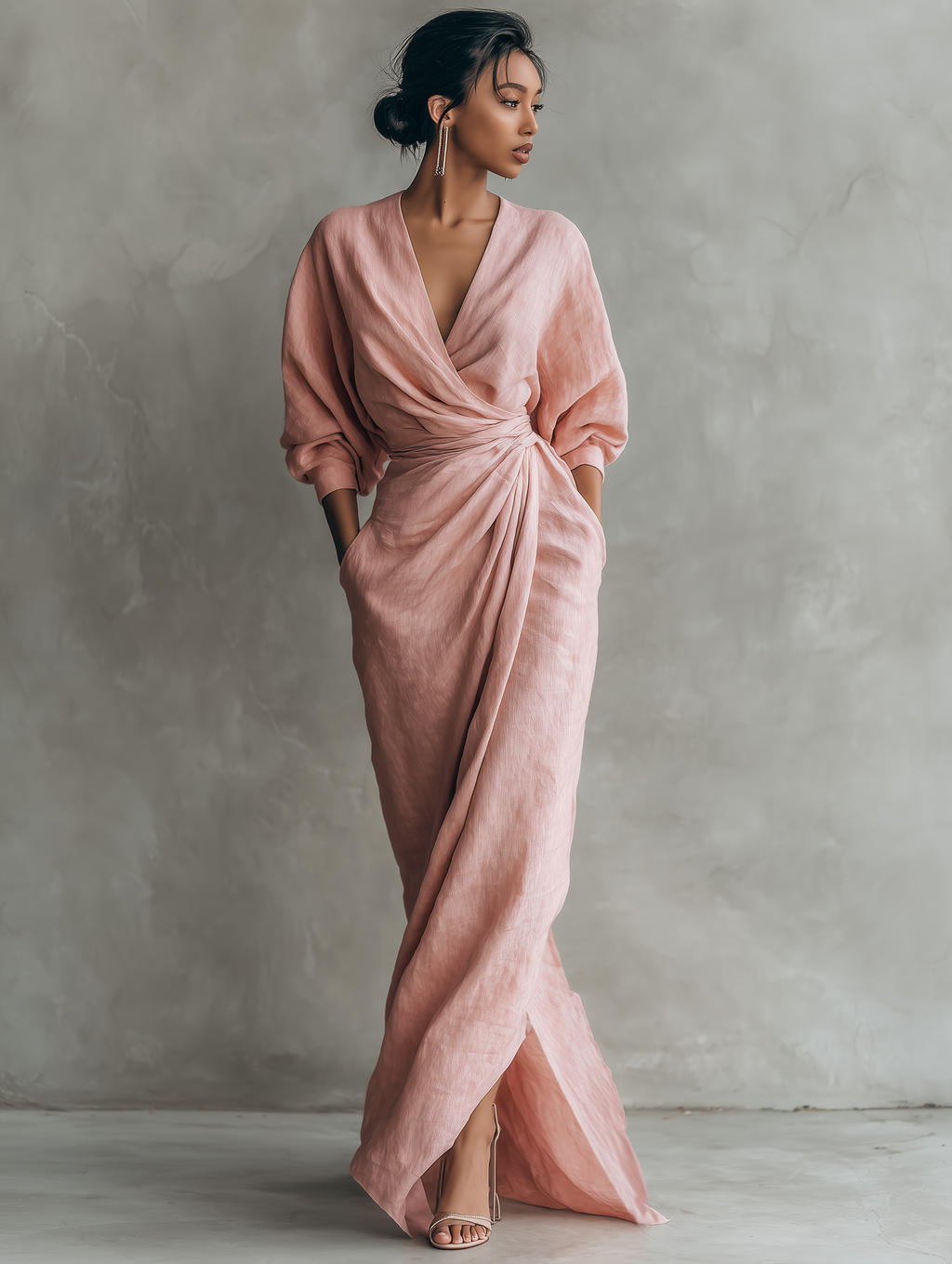 Vestido Maxi Minimalista Rosa con escote en V de lino mezclado para Mujer