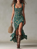 Zara | Vestido largo de estilo boho retro con mangas fruncidas y abertura alta (seda + elastano)