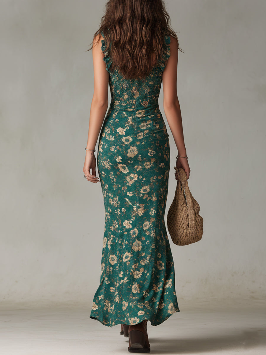 Zara | Vestido largo de estilo boho retro con mangas fruncidas y abertura alta (seda + elastano)