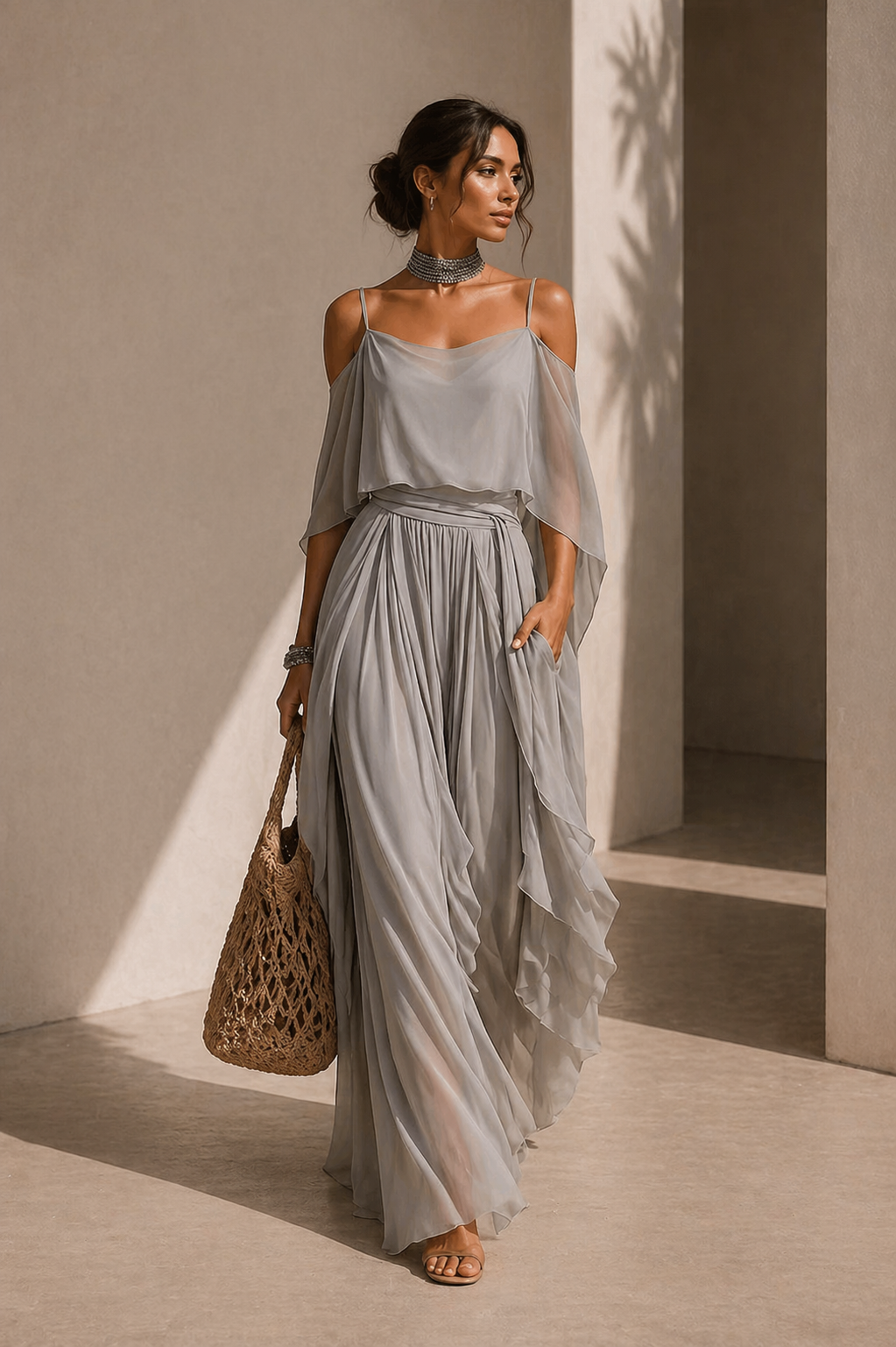 Isabela | Conjunto fluido gris con top de tirantes y pantalón ligero
