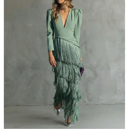 Clara | Vestido elegante 100% lana con mangas de flecos