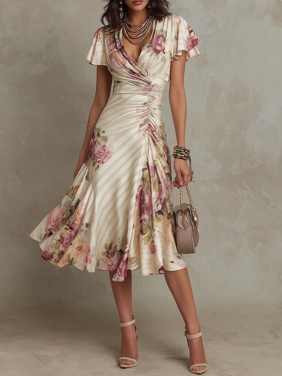 Alba | Vestido midi elegante de crepé de seda 100% con estampado floral