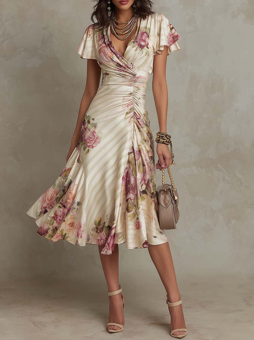 Alba | Vestido midi elegante de crepé de seda 100% con estampado floral