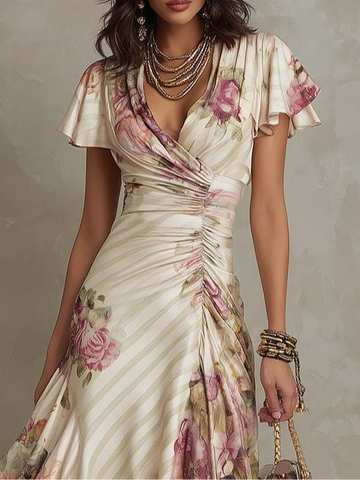 Alba | Vestido midi elegante de crepé de seda 100% con estampado floral