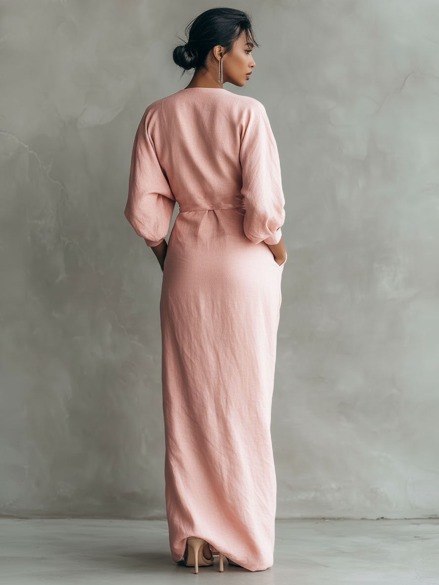 Vestido Maxi Minimalista Rosa con escote en V de lino mezclado para Mujer