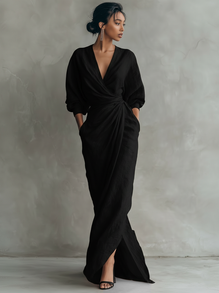 Vestido Maxi Minimalista Rosa con escote en V de lino mezclado para Mujer