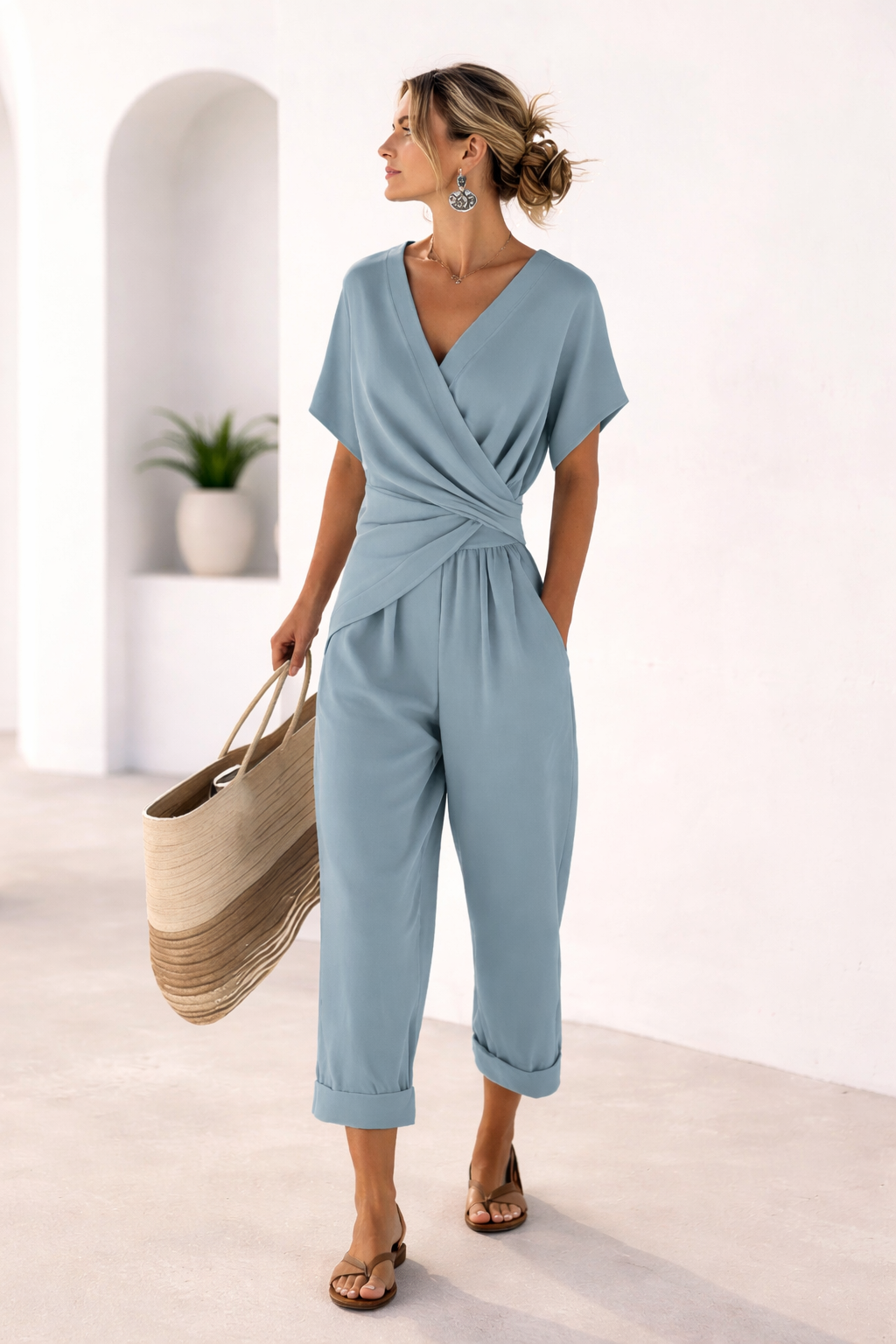 SARA | Conjunto Elegante con Diseño Cruzado y Pantalón Largo