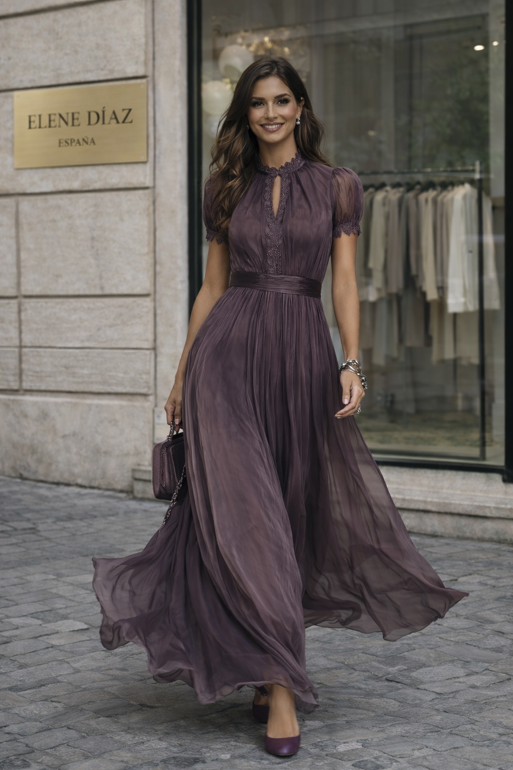 MARTA – Vestido de Chiffon Premium con Encaje y Caída Elegante que Estiliza la Silueta
