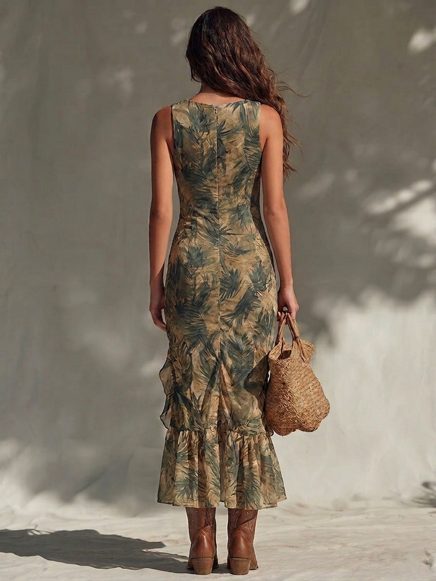 Helena | Vestido largo estampado con abertura (Georgette de seda elástica)