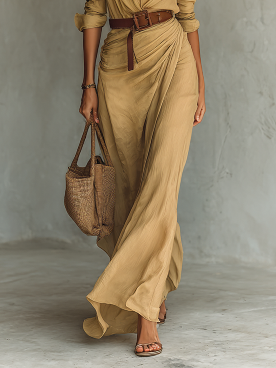 Vestido Maxi Camisero de Lino Premium con Cinturón – Elegancia Natural y Fluida