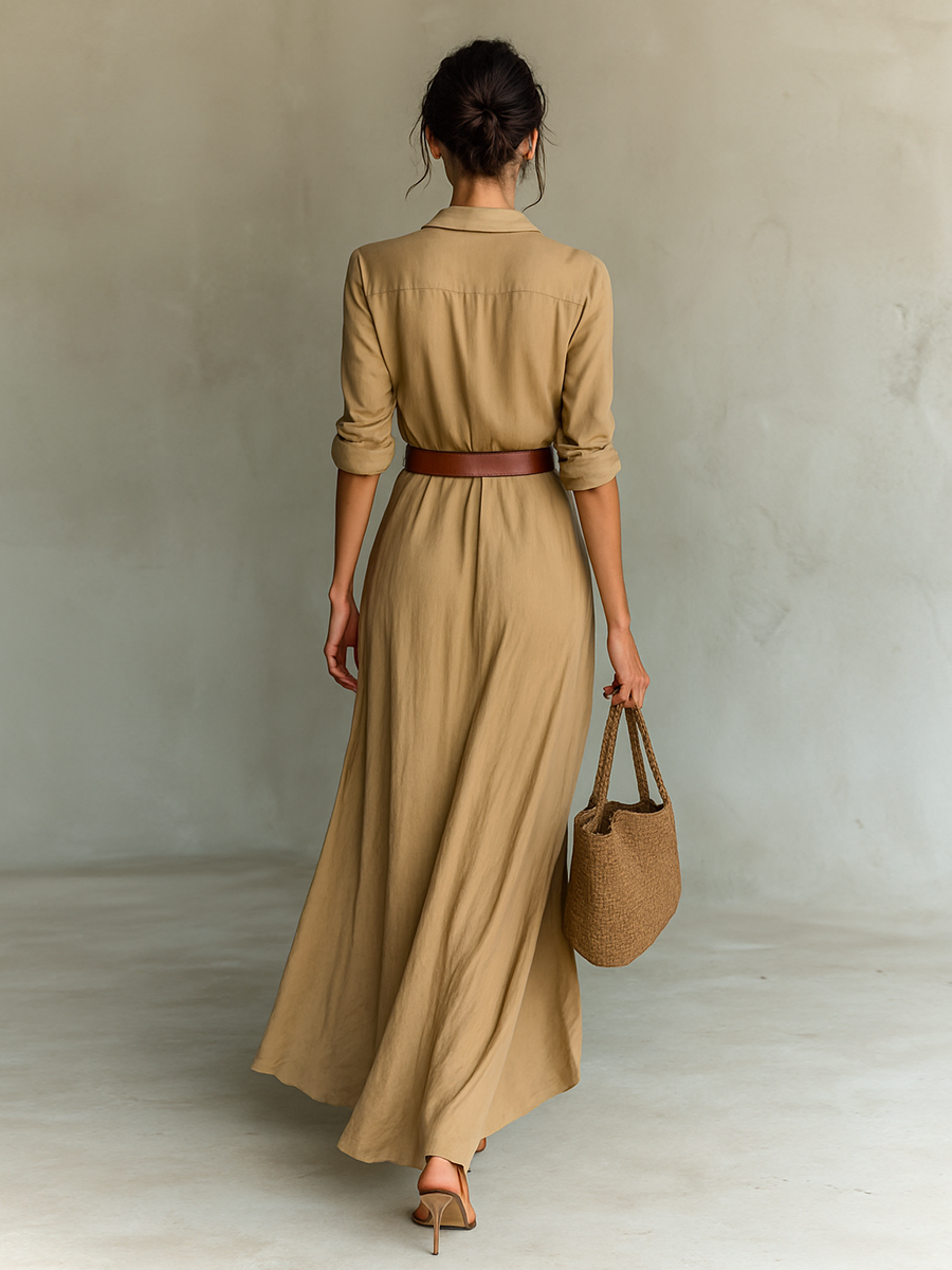 Vestido Maxi Camisero de Lino Premium con Cinturón – Elegancia Natural y Fluida